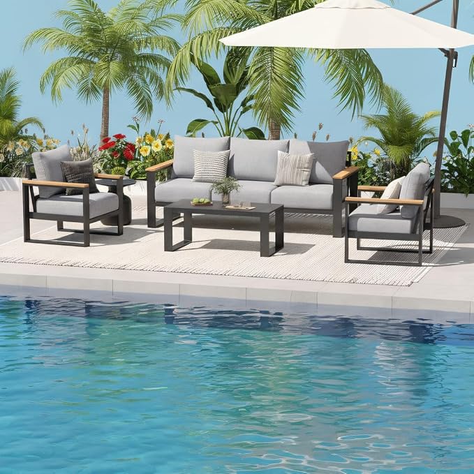 Sundale Outdoor Aluminum Patio Furniture Set, 4 Piece Outdoor Conversation Sets with Coffee Table and 6" Thick Olefin Cushions, All Weather Outdoor Sectional Set for Deck, Lawn, Yard (Grey)