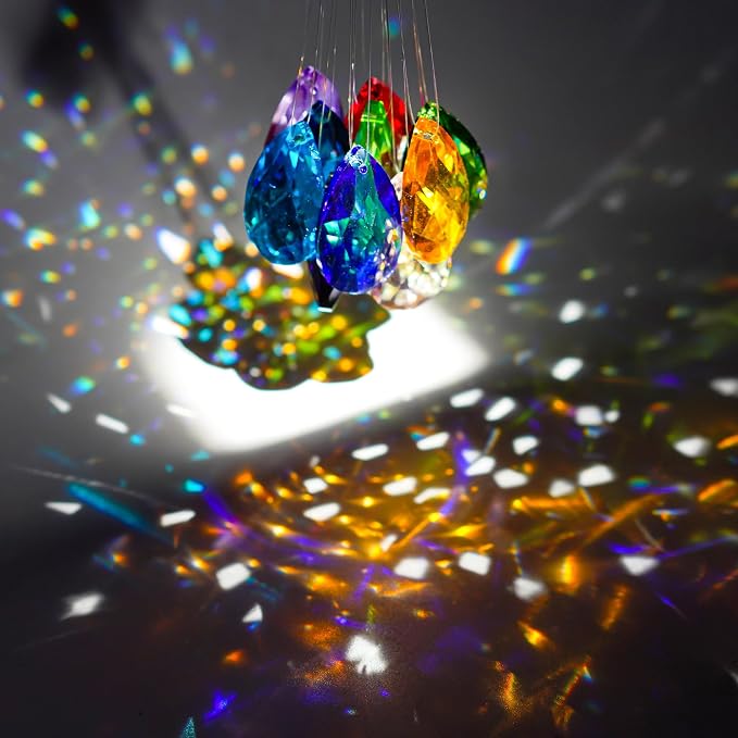 12 Pcs 38mm Multi-Color Crystal Prism Suncatcher Window Decor | Multi-Color Feng Shui Faceted Crystal Grid Prism 38mm Suncatcher Pendant Set of 12 for Window Chandelier Garden Wedding Decor