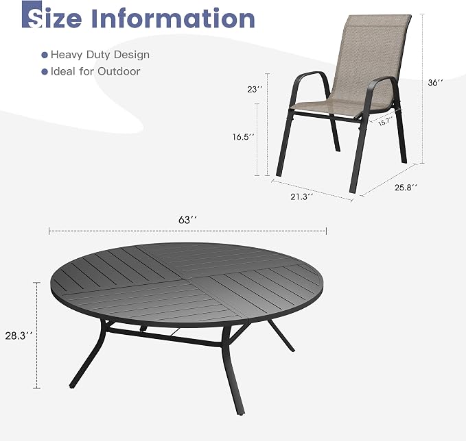 VICLLAX Round Outdoor Patio Dining Set for 10, Metal Slatted Patio Table with Umbrella Hole and 10 Stackable Patio Chairs for Deck Lawn Garden, Brown Fabric and Black Tabletop