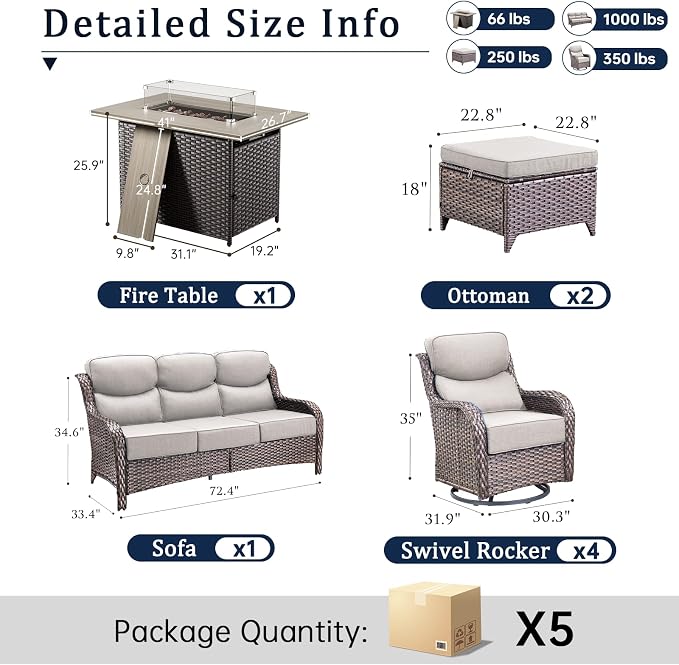 Luxury High Back Outdoor Furniture 6-Inch Thick Cushions with 50,000 BTU Gas Propane Fire Pit Tablet, Patio Furniture Set with Swivel Chairs, 8 PCS for Porch, Balcony, Deck and Yard