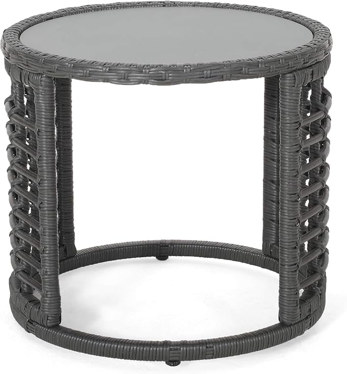 GDFStudio Outdoor Modern Boho Wicker Side Table with Tempered Glass Top, Gray