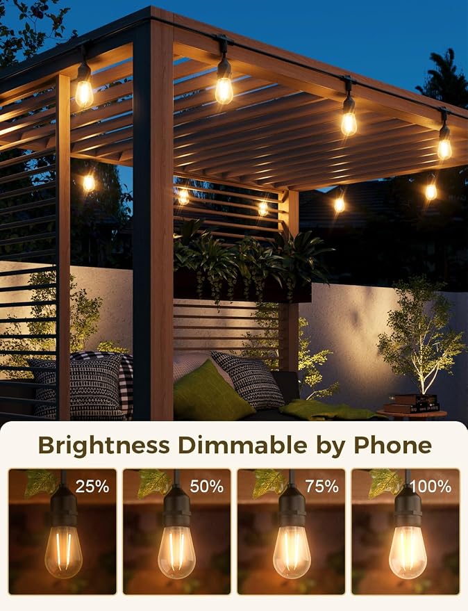 XMCOSY+ Outdoor String Lights, 49FT Smart Dimmable Edison Bulb Patio Lights | Smart App & Voice Control LED String Lights, Custom Schedules, Dimming, Warm White Light for Outside, Yard,Porch, Warerproof
