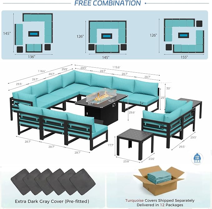NICESOUL 15 Piece Extra Large Aluminum Patio Furniture Set with Fire Pit Table, Modular Outdoor Conversation Set with Coffee Table, 500 lbs Sturdy Comfy Sectional Sofa for Poolside Exterior, Turquoise