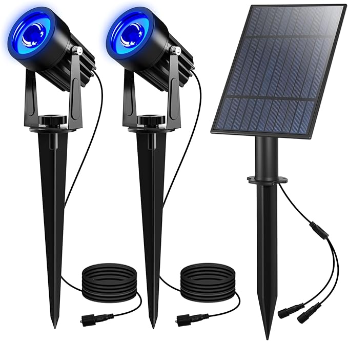 T-SUN Blue Solar Spotlights Outdoor, 2-in-1 Waterproof Solar Landscape Spotlights, 2 Lighting Modes Adjustable Solar Lights for Trees, Yard, Garden, Pathway, Patio, Pool Area(Blue)