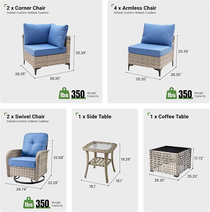 10 Piece Outdoor Patio Furniture with Swivel Rocking Chair, Rattan Wicker Conversation Set with Glowing Coffee Table, Sectional Single Chairs for Porch Balcony Backyard Pool,Light Blue
