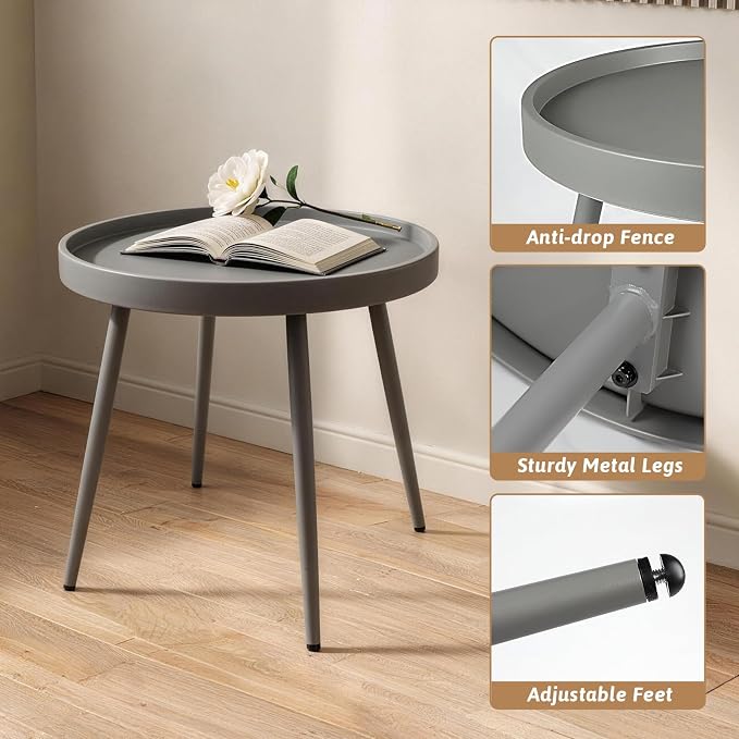 Small Outdoor Side Table - Round Metal End Table with PP Desktop & Anti-Fall Fence - Mini Coffee Table for Small Spaces - Versatile Outdoor End Table for Patio, Couch, Bedside - Gray
