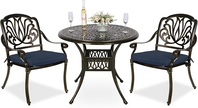 MEETWARM 3 Piece Patio Bistro Set, Outdoor All-Weather Cast Aluminum Dining Furniture Set Includes 2 Cushioned Chairs and a 35.4” Round Table with Umbrella Hole for Garden Deck, Navy Blue