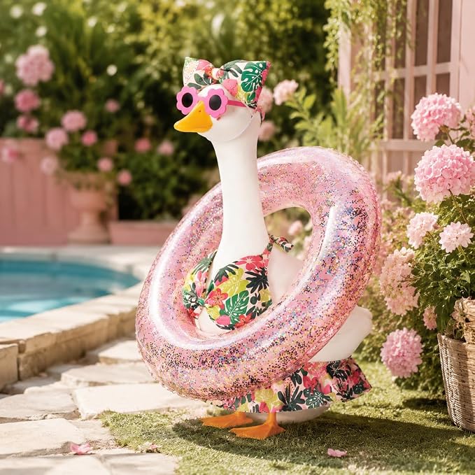 Summer Lawn Goose Outfit Set, Floral Bikini Costume with Glitter Swim Ring Flower Sunglasses Bow Headband, Fits Standard 23 Inch Porch Goose Statue, Outdoor Garden Yard Decor
