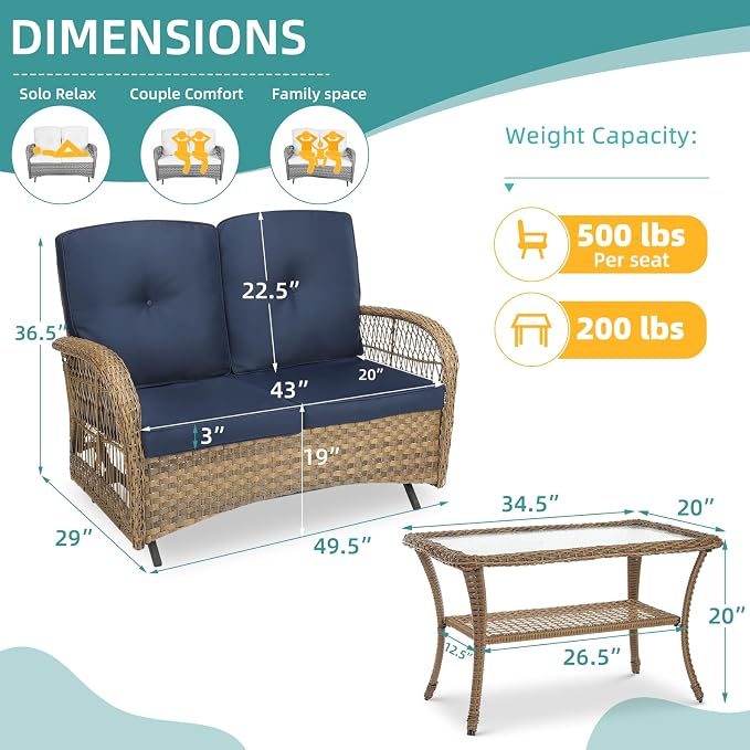 MEETWARM Outdoor Wicker Patio Glider Set, Loveseat for 2 Person Porch Furniture Glider with Glass-Top Coffee Table, Patio Glider Rocking Bench with Thickened Cushions, Navy Blue