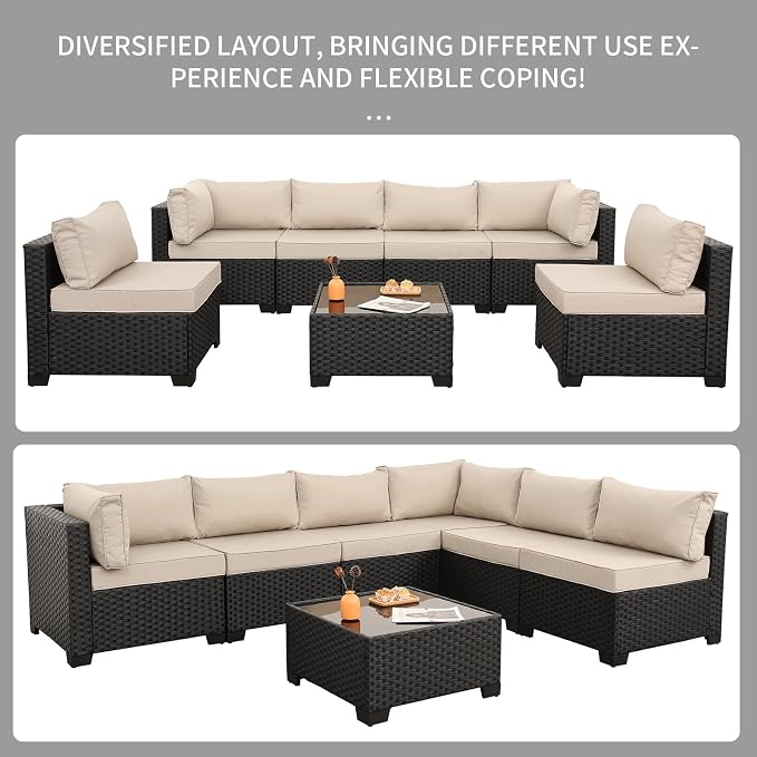 Rattaner 7 Pieces Black Wicker Patio Furniture Conversation Set Outdoor Sectional Sofa Glass Coffee Table with Non-Slip Cushions and Furniture Cover, Khaki