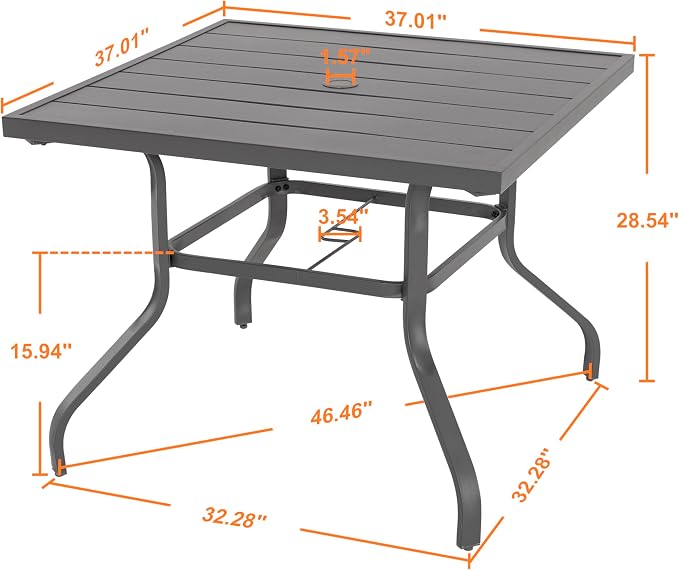 NUU GARDEN 37" Outdoor Patio Table, Square Steel Slat Dining Table for 4 with 1.57" Umbrella Hole, Powder-Coated Iron Frame and Slatted Top for Patio, Garden and Balcony, Gray