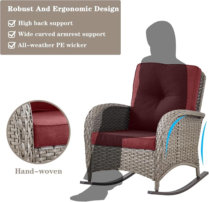 Belord 6 Pieces Patio Rocking Chairs Outdoor Furniture Set with Outdoor Couch and Ottoman Conversation Patio Furniture Set Perfect for Deck Sunroom Backyard Gray/Red
