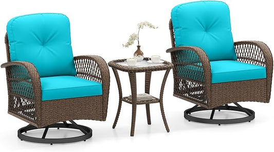 ORALNER 3 Pieces Wicker 360° Swivel Rocker Set Patio Furniture, Rocking Chairs with Cushions, Tempered Glass Coffee Table, Outdoor Rattan Bistro Set for Balcony Front Porch Deck Poolside (Turquoise)