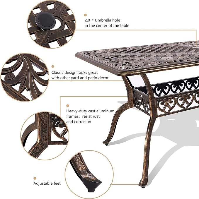 TITIMO Cast Aluminum Patio Dining Table 59'' - Outdoor Dining Rectangle Table Weather-Resistant Table with 2.0" Umbrella Hole for Balcony Lawn Garden Backyard Outdoor Furniture(59" Lx35.2 Wx 28.4" H)