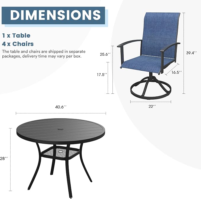 DIFY 5 Pieces Outdoor Dining Set for 4, 40.6" Black Round Metal Table with Umbrella Hole and Blue Textilene Swivel Patio Chairs, Patio Table and Chairs Set for Garden, Backyard, Poolside