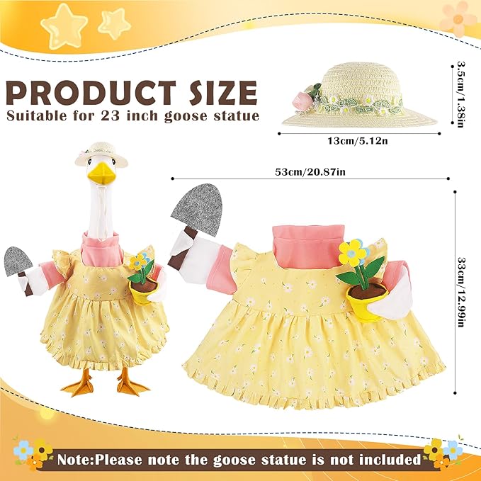 Erythem Gardener Porch Goose Outfits, Cute Spring Porch Goose Clothes with Straw Hat, Shovel & Flower Pot Fits 23" Cement Plastic Geese Statue for Outdoor Garden Yard Decor