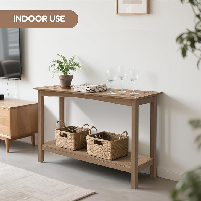 Weatherproof HIPS Outdoor Console Table, 48'' 2-Shelf Side Table Indoor/Outdoor Use, Multifunctional Buffet Table Bar Storage Organizer for Entryway, Patio, Outside Plant Stand Table, Brown