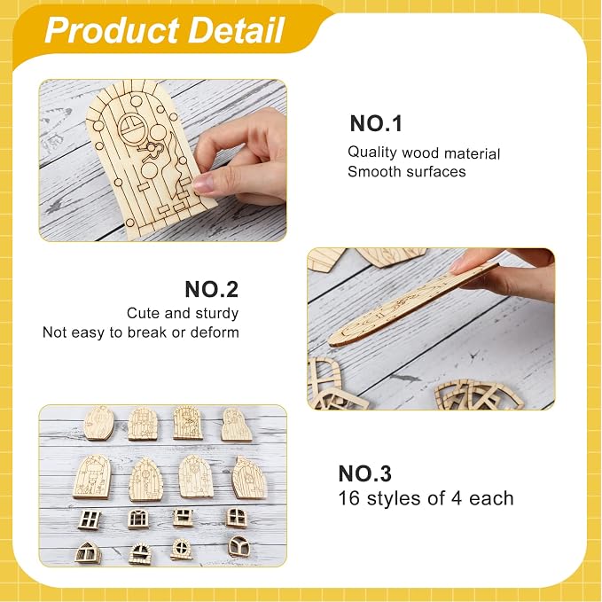 Yulejo 64 Pcs Mini Wooden Fairy Doors and Windows, Fairy House DIY Kit | Unpainted Wood Blanks for Garden Decor, Fairy House Accessories, Party Wedding Craft Projects