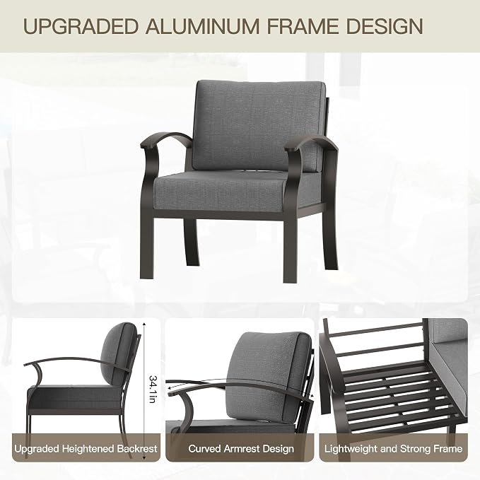 Aluminum Patio Furniture Set with 55,000 BTU Propane Fire Pit Table, 4 Seats Metal Modern Outdoor Furniture w/5.1" Cushions, Sectional w/Swivel Chairs for Backyard, Grey