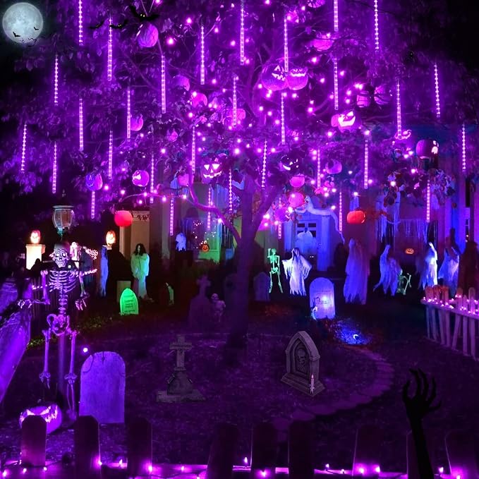 JMEXSUSS 2 Pack Purple Solar Halloween Lights, 16 Tube 288 LED | Solar Meteor Shower Rain Lights, Christmas Light Outdoor Waterproof for Tree Halloween Christmas Decorations
