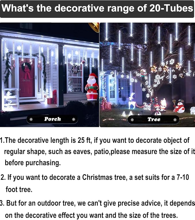 UL Certified Meteor Shower Lights Outdoor, 20 Tubes 1080 LED Falling Rain Drop Icicle Lights, 20 Inch Cascading Snowfall String Lights for Christmas Tree, Holiday Wedding Party Garden Decor, White