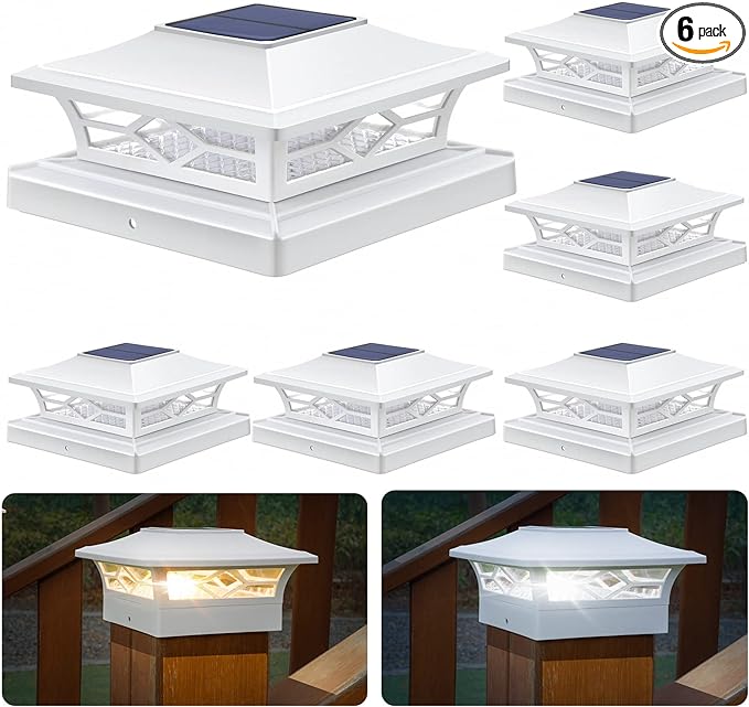 APONUO Solar Post Cap Lights,6 Pack 2-Modes Bright 4x4 Post Solar Lights Auto On Off,Outdoor Waterproof Garden Patio Fence Deck Patio Decor for Fence Deck Post Caps 4x4 6x6 Wood,4x4 Vinyl