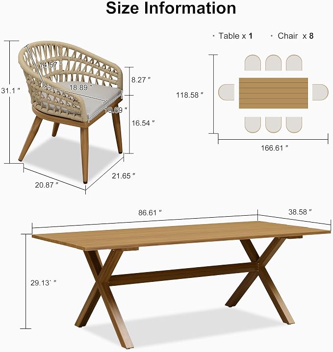PURPLE LEAF 9 Pieces Outdoor Dining Set All-Weather PE Rattan Outdoor Patio Furniture Set with All Aluminum Frame Rectangular Table and Chairs Set for Lawn Garden Backyard Deck, Teak