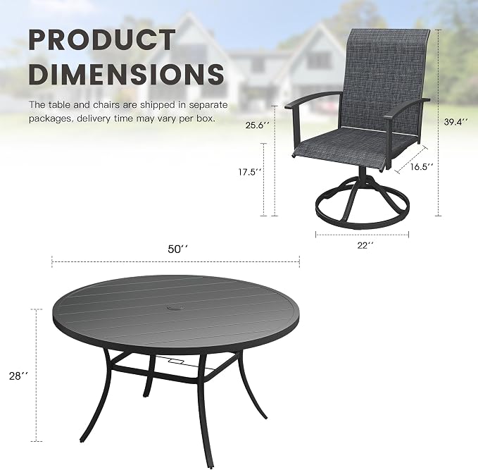7 Pieces Round Patio Dining Set, Outdoor Furniture of 50" Round Patio Table and Patio Swivel Chairs for Backyard Lawn Garden, Black Table and Black Chairs