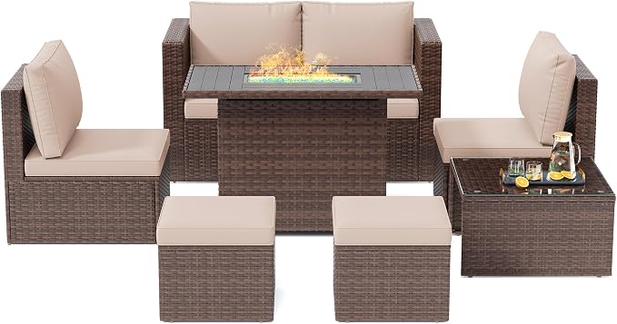 Amopatio Patio Furniture Set with Fire Pit Table, All-Weather Wicker Outdoor Conversation Sofa Set with Glass Coffee Table, Cushions & Ottomans for Deck Backyard Porch Lawn Brown/Khaki