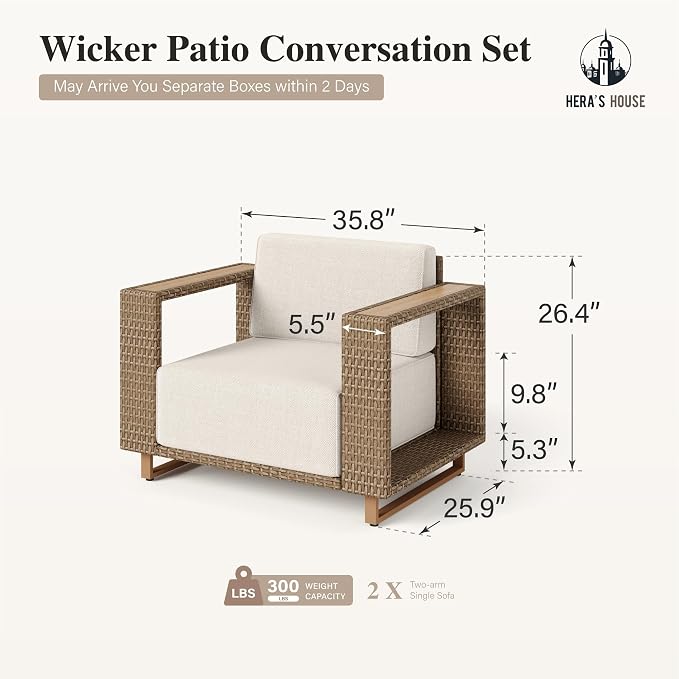 HERA'S HOUSE Patio Wicker Chairs with 10" Thick Cushions, Outdoor Patio Furniture Set of 2, 2-Piece Yellow Rattan Conversation Set with 5.3" Widened Armrest, Low Profile Lawn Garden Deck Furniture