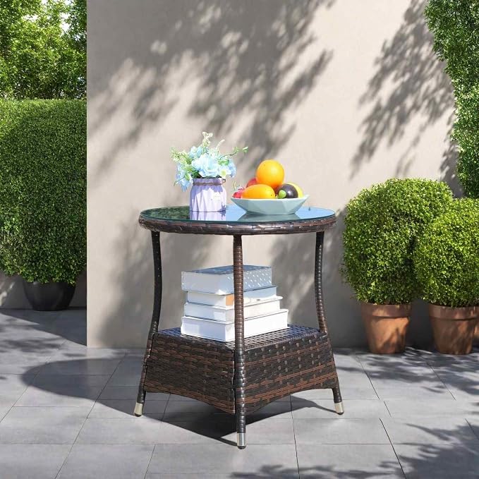 Outdoor Wicker Side Table with Glass Top, 21" Round Patio End Table, All-Weather PE Rattan Coffee Table for Garden, Balcony, Poolside, 120lbs Capacity, Easy Assembly