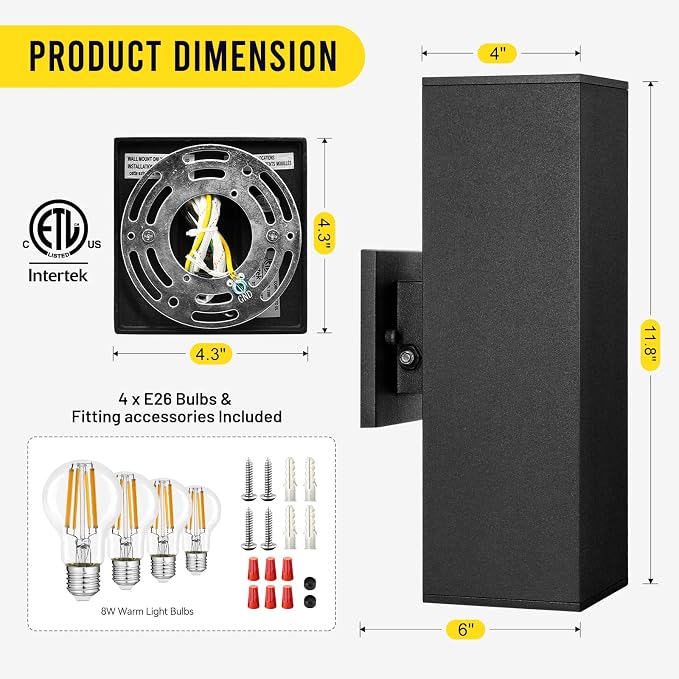Outdoor Light Fixture Dusk to Dawn,Exterior Lighting Fixtures,Outdoor Wall Lights for House, IP65, 3000K LED Bulbs, Matte Black Modern Porch Light, Garage Front Door, 2 Pack