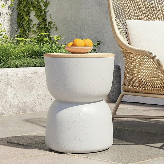 Christopher Knight Home Ema 22"H Lightweight Concrete Outdoor Side Table with Storage, Hourglass Shaped Patio End Table, MGO Outdoor Coffee Table, No Assembly Garden Plant Stand Indoor, White+Natural