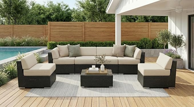 Fully Assembled Ohana 7 Piece Outdoor Patio Conversation Furniture with 6-inch Beige Water-Proof Rainshield Cushions and Oversized Seats
