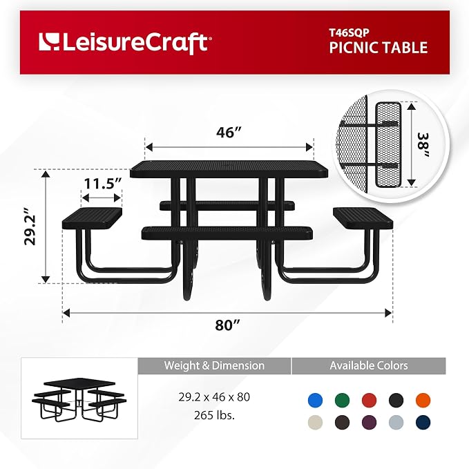 Leisure Craft Metal Picnic Table with Bench - 46" Square Outdoor Dining Table for 8 with Umbrella Hole, Weatherproof Heavy Duty Thermoplastic Coating, Commercial Grade Furniture Made in USA - Black