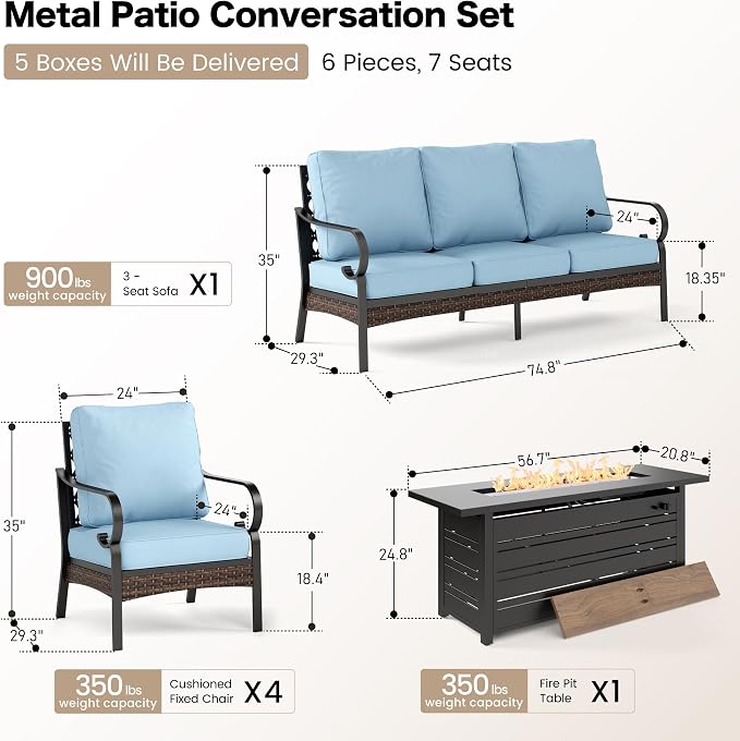 SUNSHINE VALLEY 6 Piece Black Metal Outdoor Patio Furniture Sets with Firepit Table, Patio Conversation Sets 1 3-Seater Sofa, 4 Single Sofa with 5.75" Extra Cushion Backyard Furniture for Deck, Blue