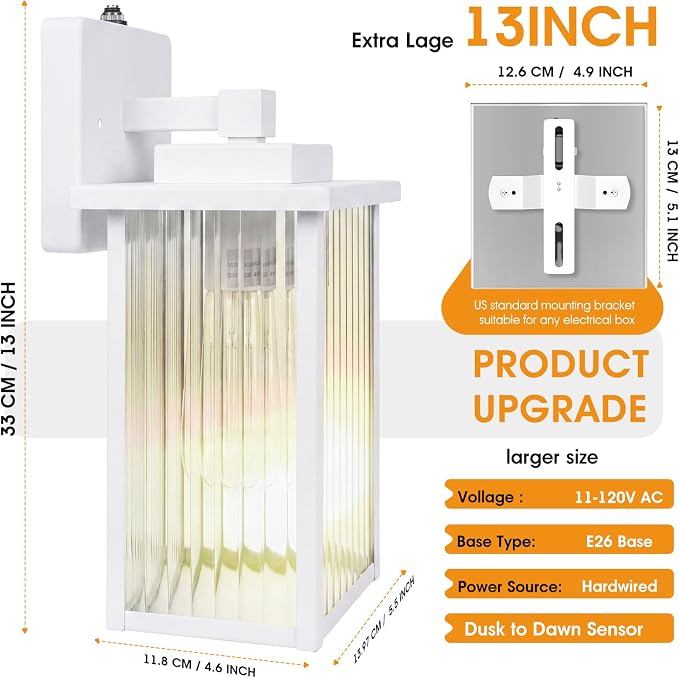 13" White Dusk to Dawn Outdoor Light, Exterior Light Fixture | Auto On and Off, Anti-Rust Metal Frame, Tempered Glass, E26 Socket, Easy DIY Install on Porch, Garage