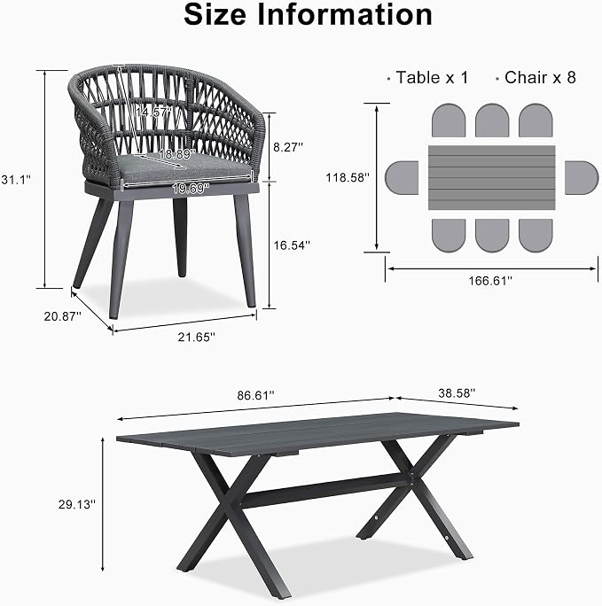 PURPLE LEAF 9 Pieces Outdoor Dining Set All-Weather PE Rattan Outdoor Patio Furniture Set with All Aluminum Frame Rectangular Table and Chairs Set for Lawn Garden Backyard Deck, Grey