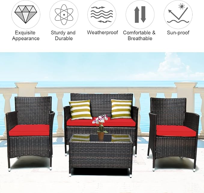 COSTWAY 4PCS Rattan Patio Furniture Set | Outdoor Wicker Rattan Chairs with Coffee Table, Rattan Cushioned Conversation Set for Backyard Balcony Porch Poolside, Red