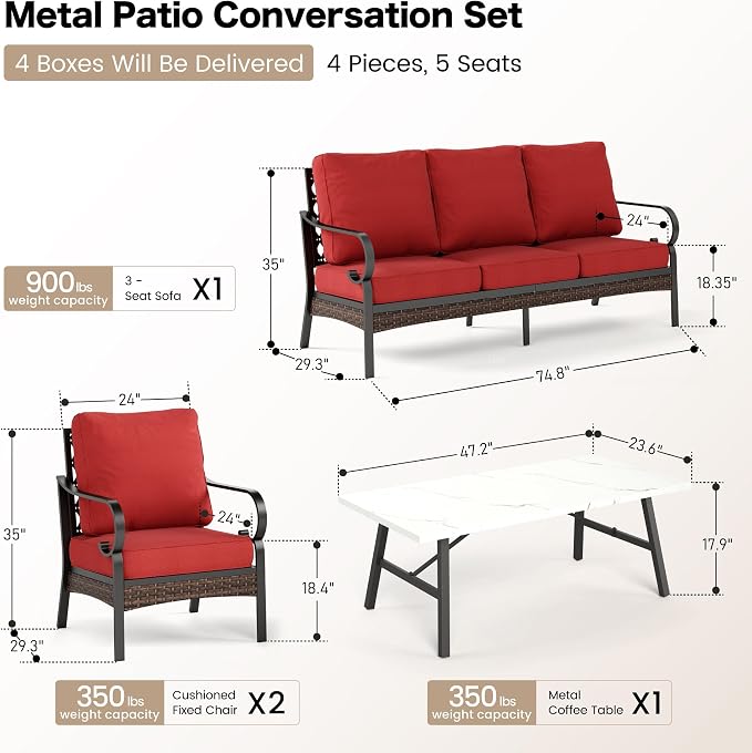 SUNSHINE VALLEY 4 Piece Metal Outdoor Patio Furniture Set, Patio Conversation Sets 1 3-Seater Sofa, 2 Chairs with 5.75" Extra Thick Cushion and Coffee Table, Black Frame Backyard Furniture, Rust Red