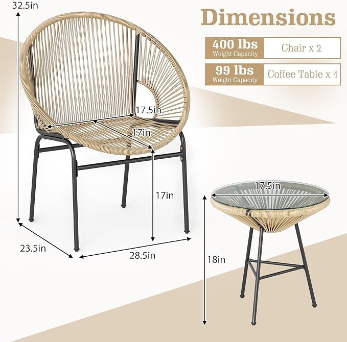 COSTWAY 3-Piece Outdoor Acapulco Chair Set, Wicker Conversation Bistro Sets with Plastic Rope, Glass Top Table, Patio Rattan Furniture Set for Garden, Balcony, Lawn, Backyard, Apartment (Brown)