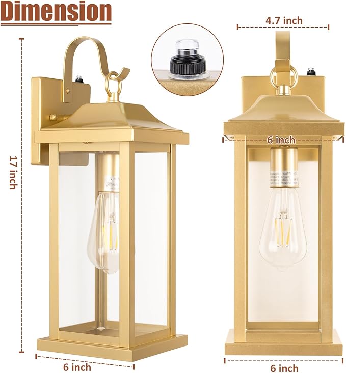 17 Inch Gold Outdoor Sconces Dusk to Dawn 2-Pack | ETL Listed Porch Lights, Photocell Sensor Brass Outdoor Light Fixtures Anti-Rust, Outside Wall Lanterns Wall Mounted Lamps