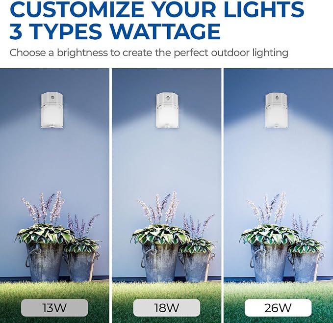 CINOTON 26W LED Wall Pack Light with Dusk to Dawn Sensor, 3CCT White 2Pack | 100-277Vac, 26W/18W/13W Switchable, 3CCT Wall Lights, IP65 Waterproof, Outdoor Security Flood Lighting for Garage, Backyard