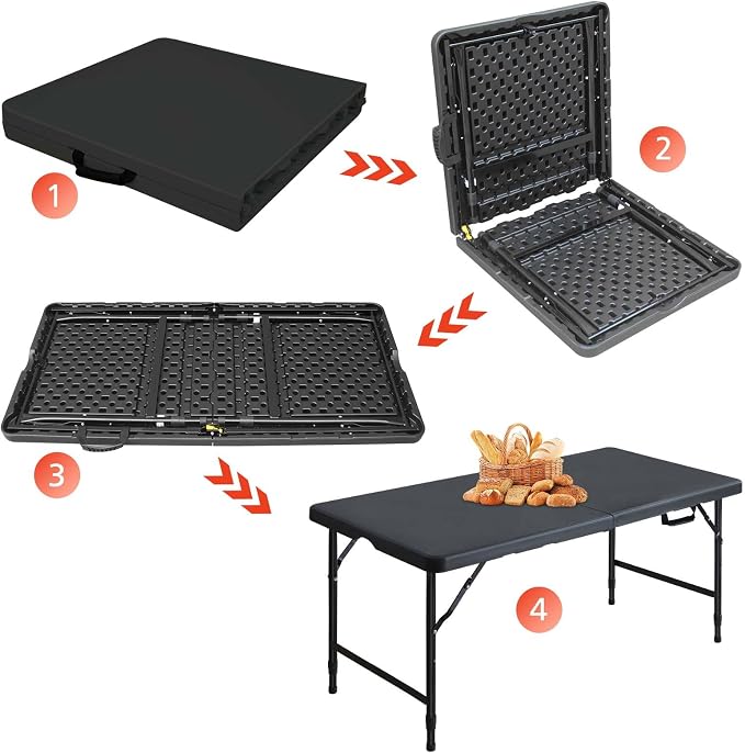 Portable 4Ft Folding Table, Heavy Duty Plastic Fold-in-Half Utility Foldable Table Small, Adjustable Height Plastic Folding Table with Carrying Handle for Camping & Party Indoor/Outdoor(Black)