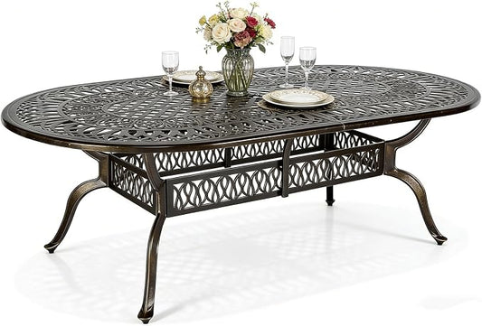MEETWARM Outdoor 84" Oval Patio Dining Table, All Weather Cast Aluminum Large Patio Furniture Table Fits for 6-8 Person with 2" Umbrella Hole, Dark Bronze