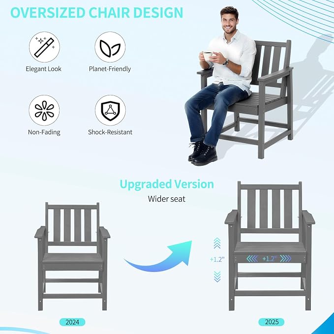 Outdoor Patio Chair, All-Weather HDPE Outdoor Furniture Chairs with Armrest and Backrest, 300 LBS Support Garden Patio Dining Chair for Poolside, Deck and Porch, Grey