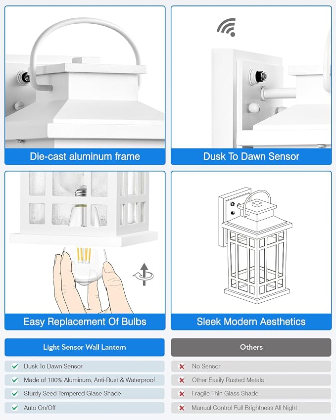 White Dusk to Dawn Outdoor Lighting 2-Pack, Outside Wall Lights with Seed Glass, Outdoor Light for House, Garage, Garden, Entryway, Doorway, 100% Aluminum Waterproof and Anti-Rust, E26 Socket
