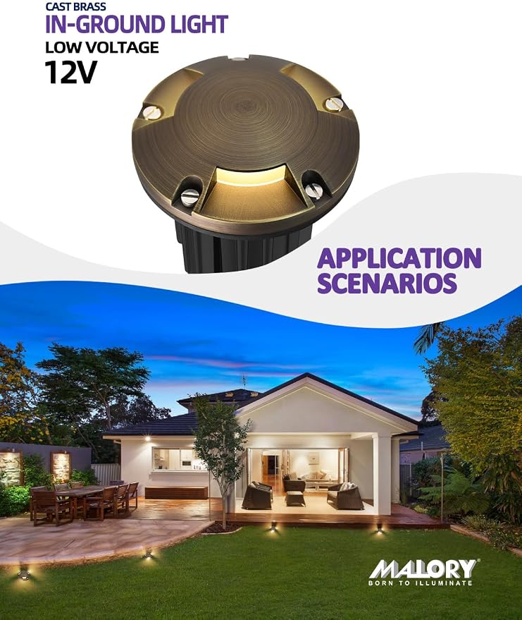 MALORY Brass Top Cover Landscape Well Lights, （5‘’H） Low Voltage Outdoor In Ground Lights, 12V Landscape Lighting for Pathway, Driveway and Garden (Three-Direction Turret, 1-Pack with Bulb)