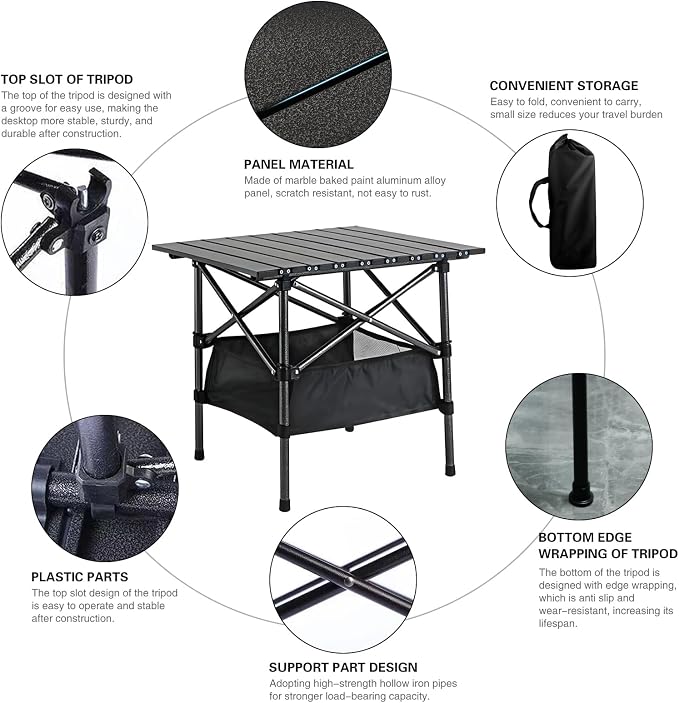 Beach Tables Foldable,Folding Aluminum Camping Tabletop，Portable Camp Table,Folding Camping Gear with Storage Bag (Black, 20 * 20 INCH) (Black)