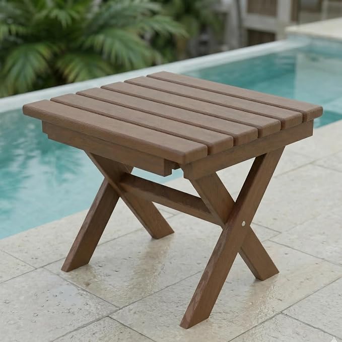Outdoor Folding Side Table,HDPE Material, Portable Space-Saving Design, Weather-Ready with Authentic Wood-Grain Feel (Teak, 1 Table)